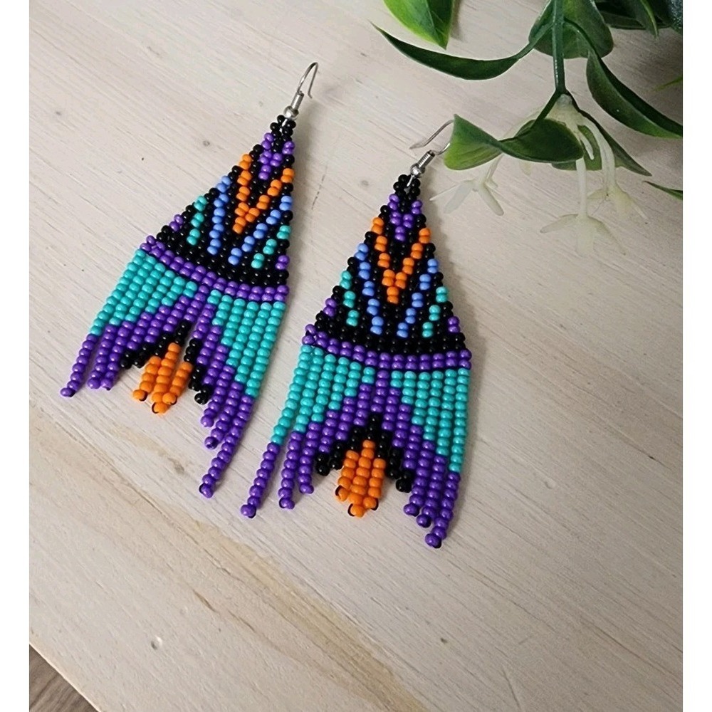 Handmade Seed Bead Fringe Earrings Boho Tribal Geometric Dangle Purple Teal New - Picture 4 of 5